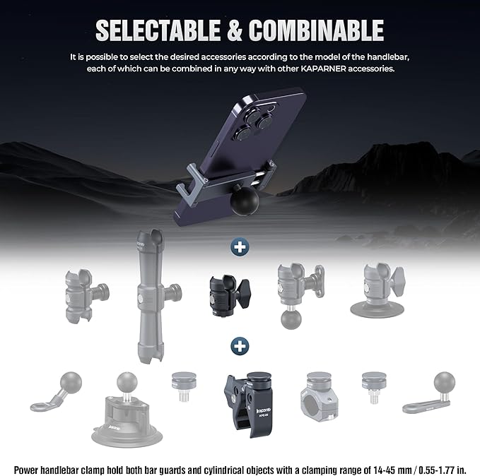 Riding Phone Clip Kit, Dual Knob Single Socket Arm and Aluminium Handlebar Base Mount Strong Rod Clamp, Suitable for Installation in 0.55-1.77” Diameter Steel Round Bar (KPS-07)