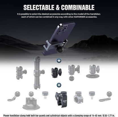 Riding Phone Clip Kit, Dual Knob Single Socket Arm and Aluminium Handlebar Base Mount Strong Rod Clamp, Suitable for Installation in 0.55-1.77” Diameter Steel Round Bar (KPS-07)