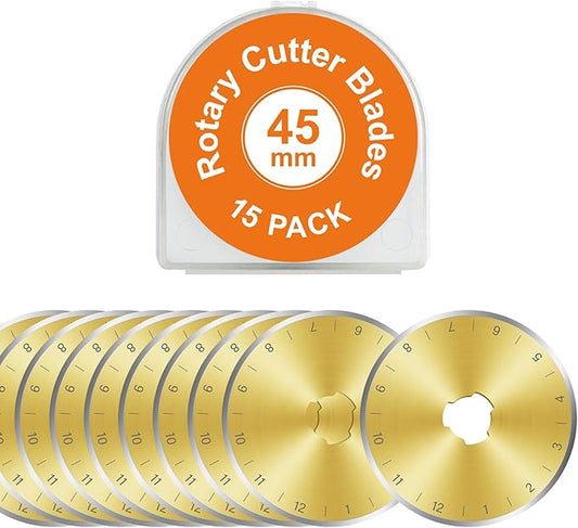 Titanium Coated 15 Packs 45mm Rotary Cutter Blades 45mm Quilting supplies Rotary Cutter Blades for fabric by SSPONT, compatible with OLFA,Fiskars,Mr.Pen,DAFA,Truecut etc. Sharp and Durable