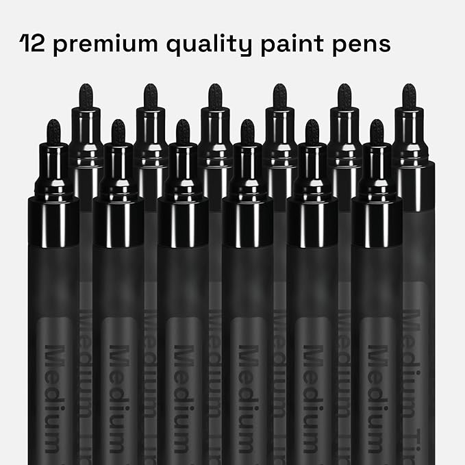 ARTISTRO 12 Black Acrylic Paint Markers - Medium Point Paint Pens for Rock, Fabric, Wood, Glass, Ceramic, Black Paper, Scrapbooking Crafts, Card Making, DIY Photo Album