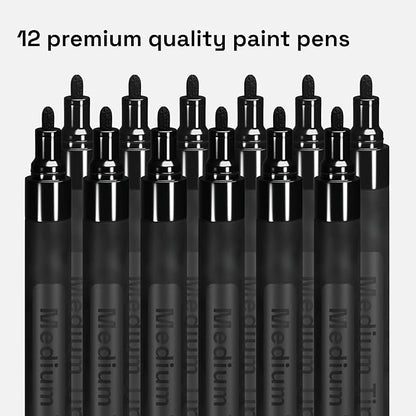 ARTISTRO 12 Black Acrylic Paint Markers - Medium Point Paint Pens for Rock, Fabric, Wood, Glass, Ceramic, Black Paper, Scrapbooking Crafts, Card Making, DIY Photo Album