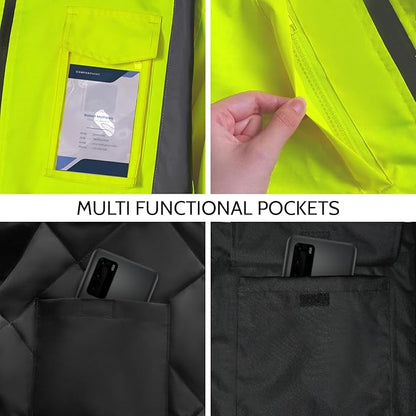 Safety Jackets for Men, Reflective Jacket with Pockets for Men& Women, Construction Coats for Winter Cold Weather, Waterproof High Vis Rain Gear, Class 3 Yellow-Black Long, M