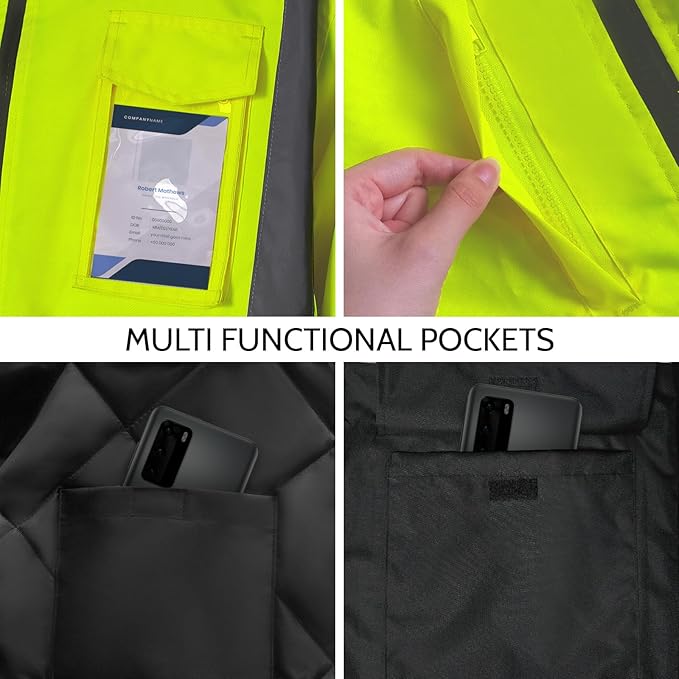 High Visibility Safety Jackets, Construction Coats with Pockets for Men& Women, Rain Jacket for Winter Cold Weather, Waterproof High Vis Rain Coat, Class 3, Yellow-Black Long, 3XL
