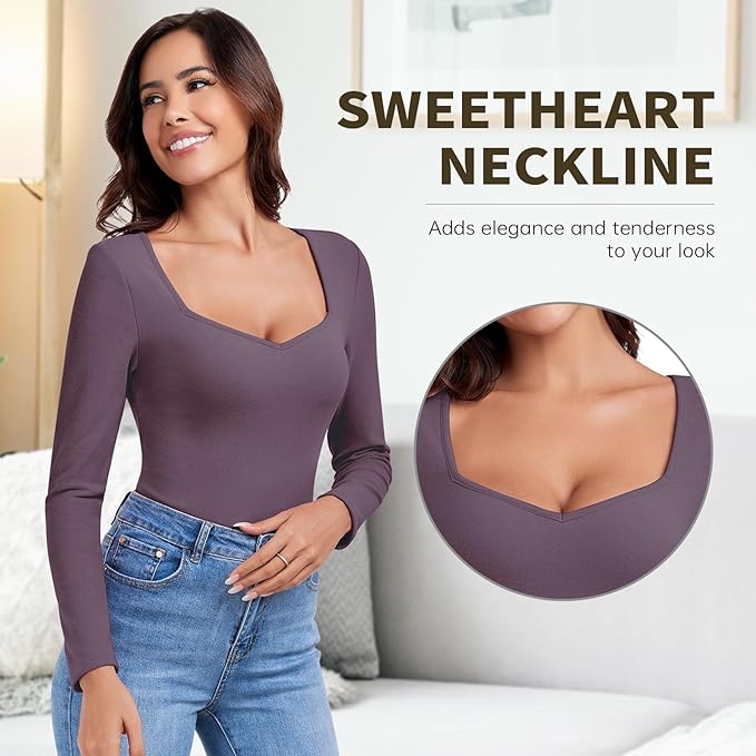 WOWENY Thermal Shirts for Women Sweetheart Fleece Lined Long Sleeve Underwear Tops Soft Warm Base Layer Cold Weather