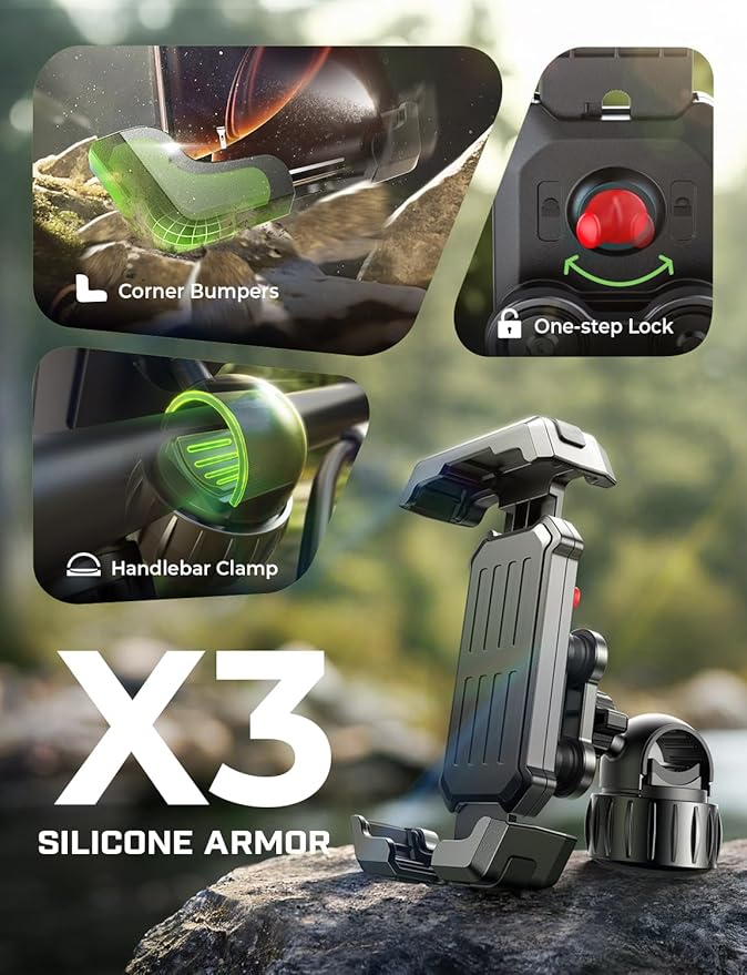 LISEN Bike Phone Holder, [Anti-Vibration] Motorcycle Phone Mount, Bicycle Phone Holder, Handlebar Phone Mount, Scooter Ebike Accessories, Bicycle Accessories, for iPhone Samsung Google Pixel, Black