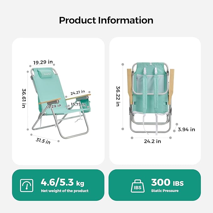 SUNNYFEEL High Back Folding Beach Chair, Tall Beach Chair with 3 Reclining Position, Portable Camping Chair for Adults, Wood Armrest, Lightweight Camping Chair 300 lbs Heavy Duty, Green