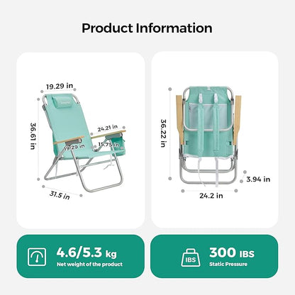 SUNNYFEEL High Back Folding Beach Chair, Tall Beach Chair with 3 Reclining Position, Portable Camping Chair for Adults, Wood Armrest, Lightweight Camping Chair 300 lbs Heavy Duty, Green