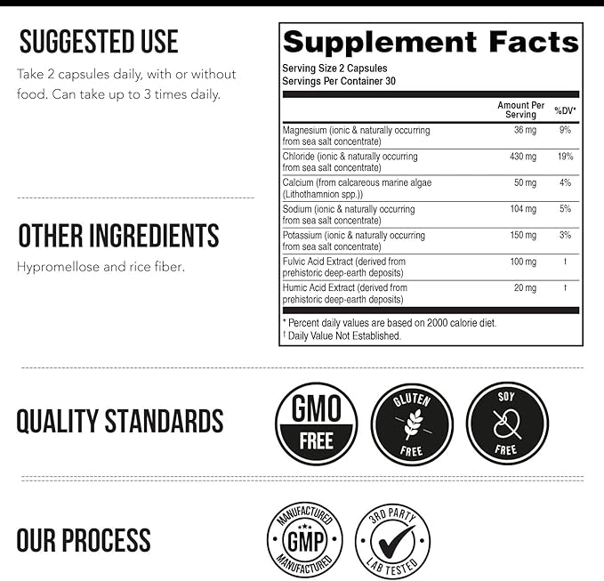 Ionic Lytes™ Electrolyte Mineral Complex with Ionic Sea Salt, Fulvic & Humic Acid - Supports Hydration, Electrolyte & Mineral Balance & Muscle Function (120 Capsules) - Soy-Free, Gluten-Free, cGMP