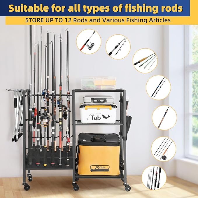 Olakee Fishing Rod Holder, Fishing Pole Holders for Garage Boat Home Entryway Fishing Gear Storage with Tackle Cart Ideal Gift for Men Dad Anglers Corner Design for Rods and Equipment Organizers