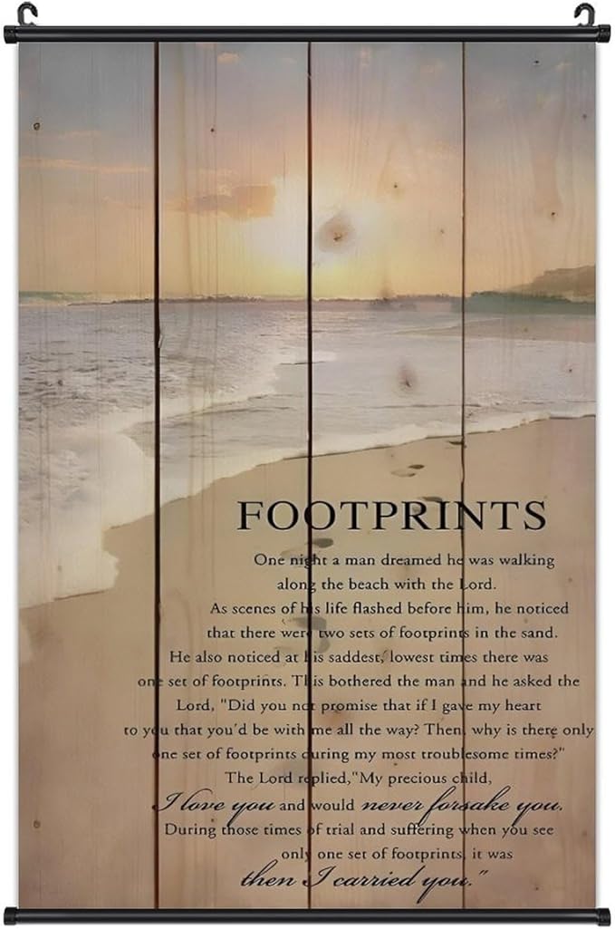 Footprints in the Sand Religious Canvas Wall Art Posters, Inspirational Beach Sunset Poem Print Poster (Black Axis 16x24inch, Footprints(1))