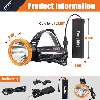 Super Bright Headlamp Rechargeable LED Headlight with Battery, High Power Waterproof Spotlight Flashlight Torch, Coon Hunting Light for Outdoor Camping, Hiking, Fishing, Running, Garden Work