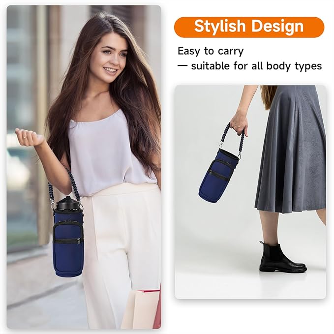 32/40/64/128 oz Neoprene Insulated Water Bottle Carrier Bag, Sling Bag Sleeve Pouch Holder with Strap & Paracord Handle and 2 Pocket for Travelling, Hiking, Camping