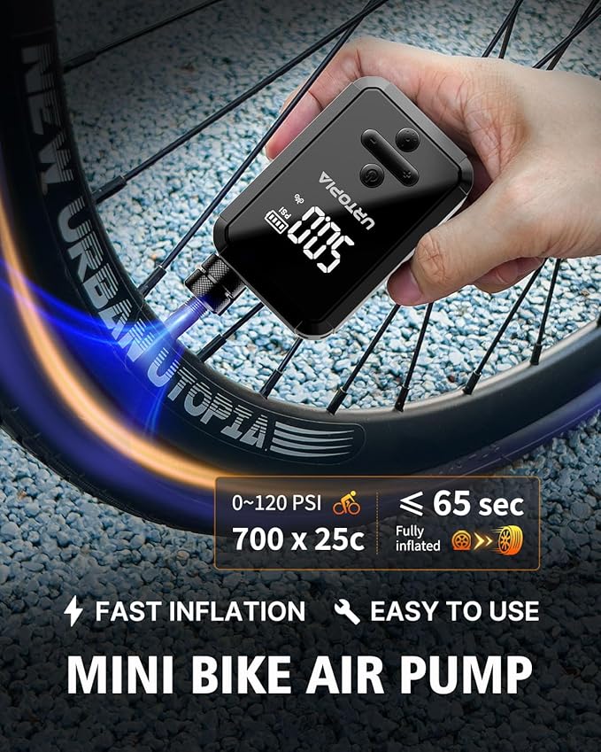 URTOPIA Electric Bike Pump, Fast Inflation Air Pump with Gauge, Up to 150PSI, Efficient Heat Dissipation, Rechargeable, with Bright LED Light, Portable Bicycle Pump for Road Bike, Motorcycle, Ball
