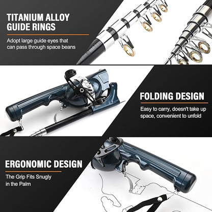 Foldable Fishing Rod, 2025 New Easy Fish Collapsible Folding Pole, Pocket Telescopic Fishing Rod with Reel Combo, Rod and Wheel Integrated