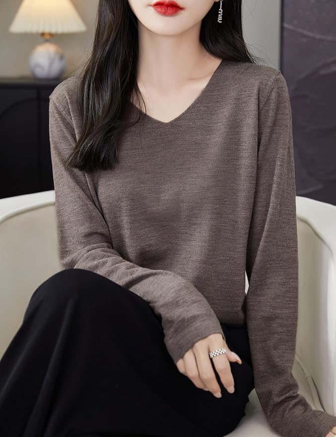 Chanyarn Women's 100% Merino Wool Base Layer Shirt Tops V Neck Long Sleeve Travel Hiking Tee T Shirt Pullover Sweater