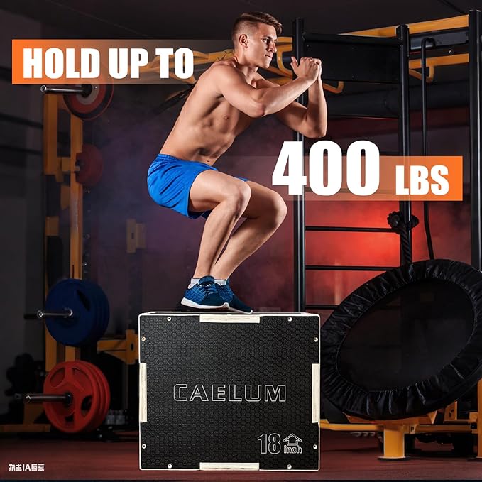 CAELUM 3-in-1 Wood Plyo Box - Non-Slip Plyometric Jump Box for Home & Gym, 400lbs Bearing Fitness Launch Box for Jumping Squats Step-ups Strength Training