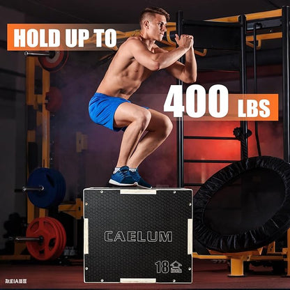 CAELUM 3-in-1 Wood Plyo Box - Non-Slip Plyometric Jump Box for Home & Gym, 400lbs Bearing Fitness Launch Box for Jumping Squats Step-ups Strength Training