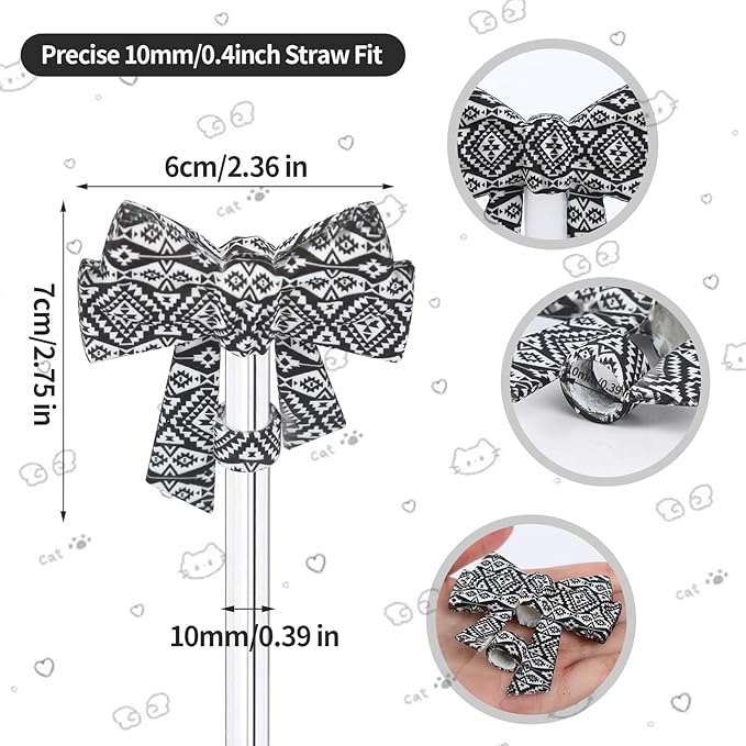 3 Pack Printed Bow Straw Toppers, Silicone 10mm/0.4In Reusable Dust-Proof Straw Cover Caps for Stanley Cup 30&40oz, Tumblers Accessories Gift (3 Colors B)