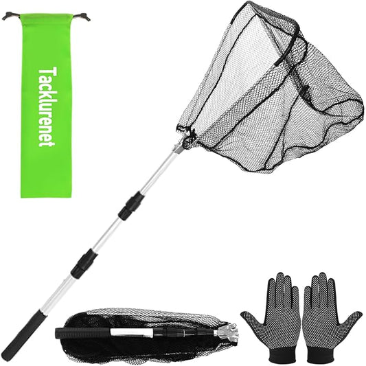 Folding Kayak Fishing Net with Aluminum Alloy Frame Rubber-Coated Nylon Net for Small Fishing Net Fishing Landing Net for Non-Slip Gloves Storage Bag