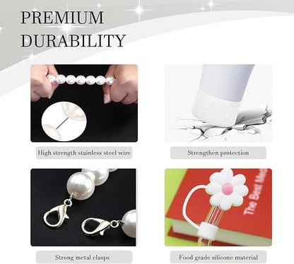 Cup Accessories Set for Stanley- Including Water Bottle Carrying Pearl Strap, Handle Letter Charms Sticker, Siliocne Boot Straw Cover for Stanley 40oz & 30oz Tumbler Accessory Kit H