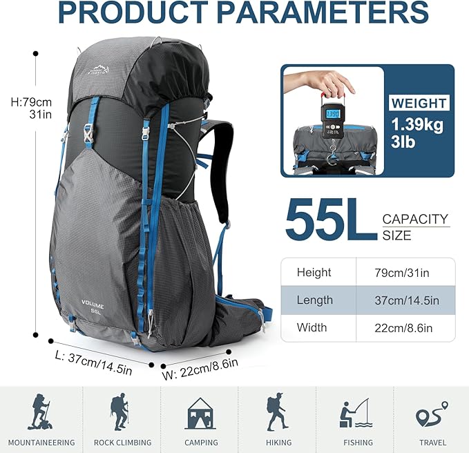 55L Internal Frame Waterproof Hiking Camping Backpack with 3L Water Bladder and Rain Cover, Large Lightweight Travel Daypack Rucksack for Climbing (8120 Dark Gray)
