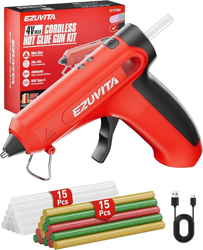 4V Red Cordless Hot Glue Gun Kit with 30 Multi-Color Glue Gun Sticks, Fast Preheating, USB-C Rechargeable with 2600mAh Built-in Battery, Less-Drip Hot Melt Glue Gun for DIY, Crafting, Art