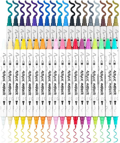TRANSON 36 Color Bold and Fine Dual-tip Acrylic Paint Pen Set for Canvas Rock Wood Leather Ceramic DIY Painting