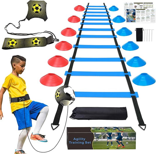 Soccer Speed Agility Training Set - 20FT Agility Ladder 12/16 Sports Cones and Soccer Kick Trainer Football Training Equipment Footwork Drills for Youth and Adults