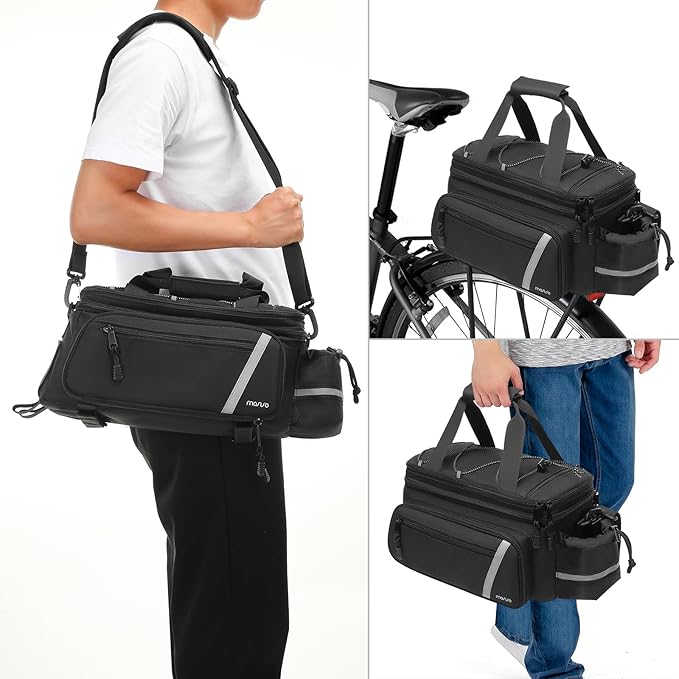 MOSISO Bike Rack Bag with Rain Cover, Bike Trunk Cooler Handag Insulated Bicycle Rear Seat Pouch with 2 Side Foldable Panniers, 8L Cycling Backseat Storage Cargo Saddle Shoulder Bag, Black