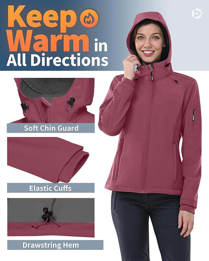 Outdoor Ventures Women's Softshell Jacket with Hood Fleece Lined Warm Lightweight Waterproof Insulated Windbreaker