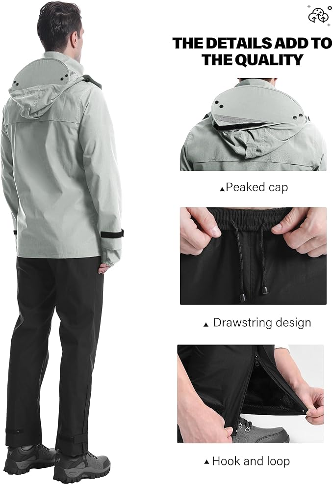iCreek Rain Suit Waterproof Jacket with Pants 2 Pieces Breathable Lightweight Packable Raincoat with Hooded Rain Gear Unisex