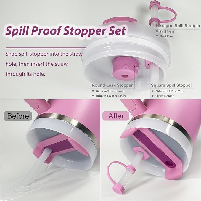 Stanley Cup Accessories Set Including 6 Pcs Silicone Spill Proof Stopper, 2 Pcs Straw Cover Cap for 9-10 mm Straws, 1 Pcs Silicone Boot for Stanley Cup 40oz & 30oz Tumbler (Peony)