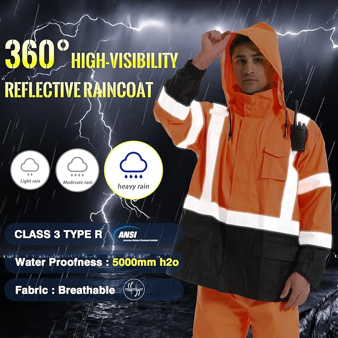 SKSAFETY Hi Vis Reflective Rain suits for Men Waterproof - High Vis Safety Rain Jacket, High Visibility Raincoat for Men