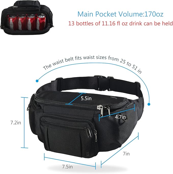 Sports Fanny Pack for Men Women, Outdoor Waist Pack Bag with 6 Zipper Pockets, Super Capacity Bum Bag with Adjustable Belt for Traveling Hiking Cycling Workout Casual