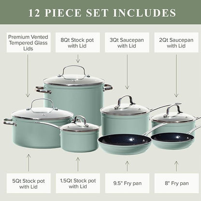 Nuwave Healthy Duralon Blue Ceramic Nonstick Cookware Set, Diamond Infused Scratch-Resistant, PFAS Free, Dishwasher & Oven Safe, Induction Ready & Evenly Heats, Tempered Glass Lids & Stay-Cool Handles