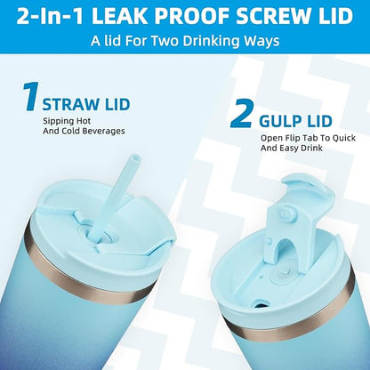 BJPKPK 30oz Insulated Tumbler With lid And Straw Stainless Steel Tumblers Travel Coffee Mug Reusable Thermal Cup,Sky