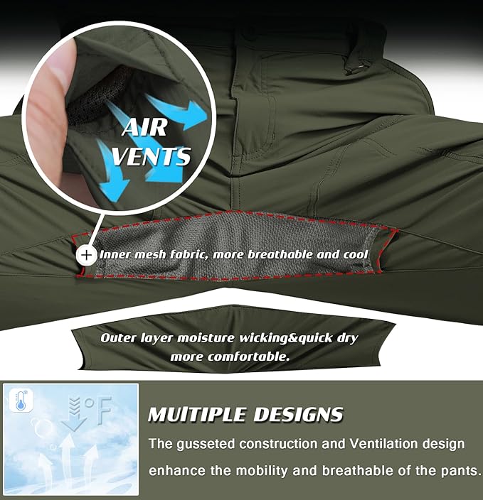 Mens Lightweight Cargo Hiking Patns Outdoor Quick Dry Work Tactical Pants with 6 Pockets Water Resistant Fishing Travel Pants