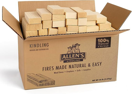 Allen's Natural Kindling Wood – 20 LB Box of Kiln-Dried Fire Starter Sticks for Campfires, Wood Stoves & BBQ – Easy to Light Fire Pit – Clean Burn Fire Starter Logs – No Chemicals or Odors