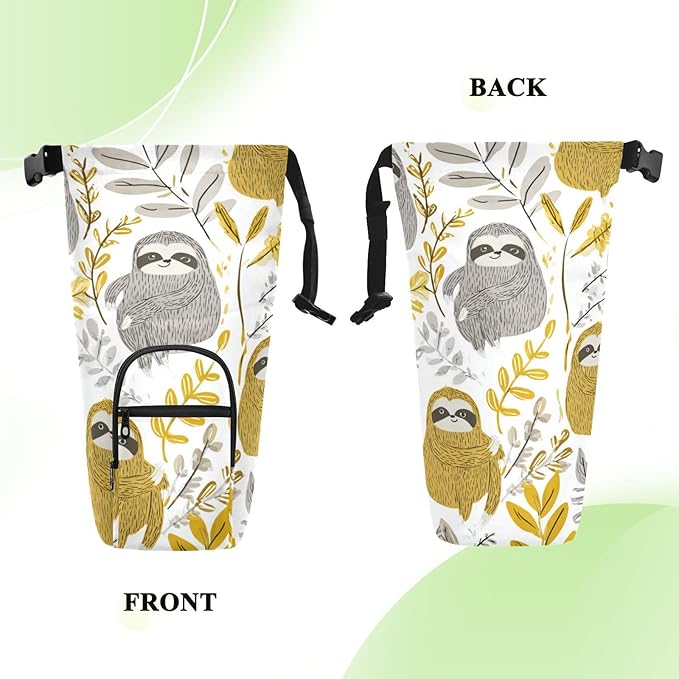 Cartoon Sloths Leaves White Water Bottle Holder with Strap Insulated Water Bottle Carrier Crossbody Bags Pouch with Phone Pocket for Travel Gym Hiking Walking Running