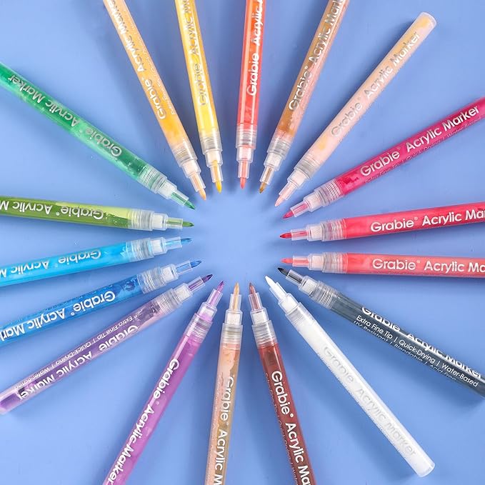 Grabie Acrylic Paint Pens Markers, 18 Colors, 0.7 mm, Extra Fine Tip Drawing Markers, Premium Paint Pens for Painting on Various Surface, Art Supplies