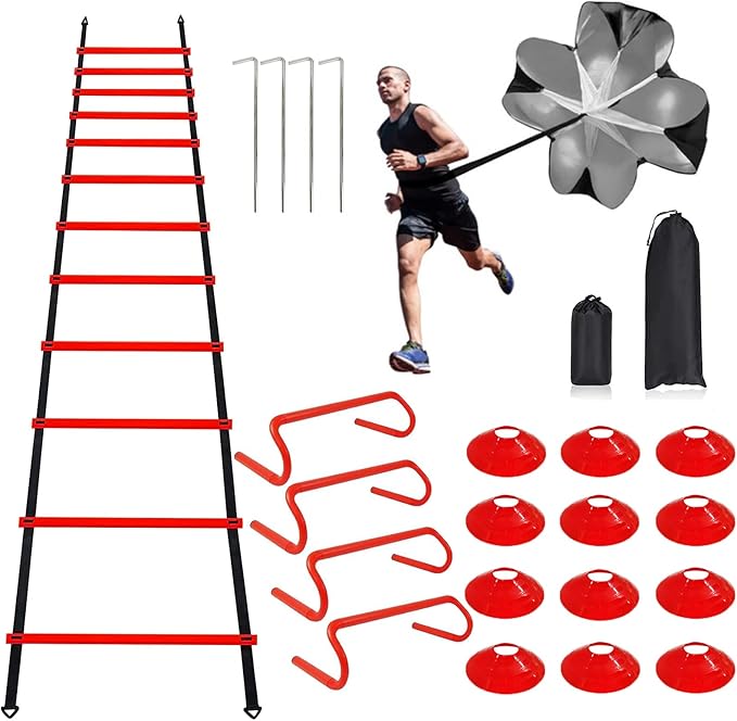 Professional Agility Ladder Speed Training Equipment Set-20ft Agility Ladder,12 Soccer Cones, 4 Agility Hurdles, Running Parachute, Suitable for Soccer Football Basketball Training