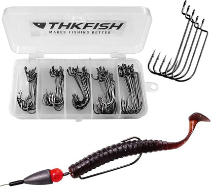 THKFISH 50pcs/100pcs/box Offset Worm Hook Fishing Hook Set Dropshot Hook Set Rubber Fish Jigs Fishing Kit # 2# 1 1/0 2/0 3/0