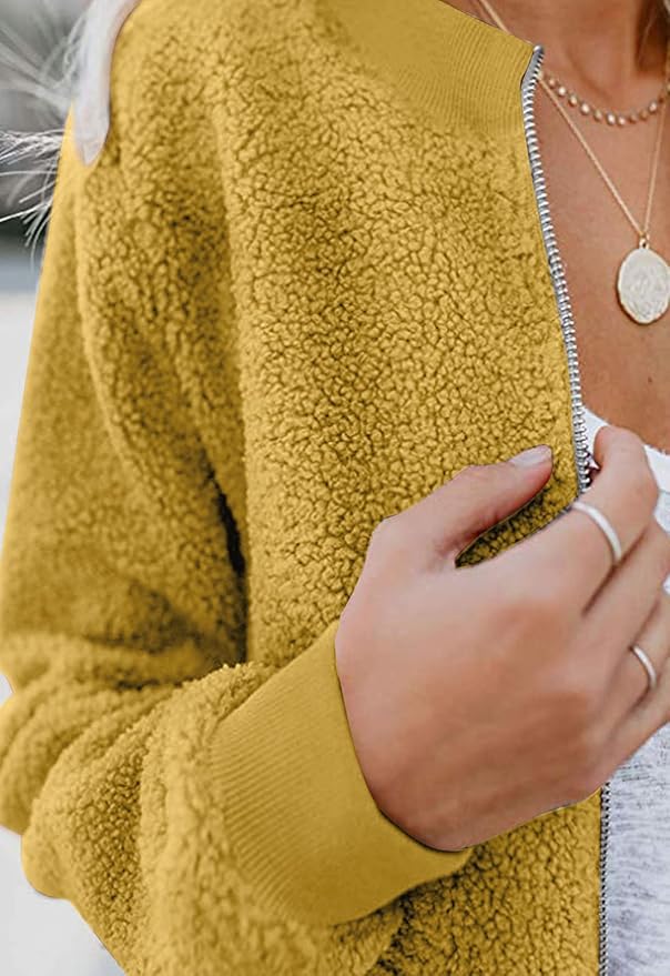 MIROL Women's Fall Trendy Fleece Jacket Faux Sherpa Fuzzy Casual Long Sleeve Zip Up Loose Fit Bomber Winter Coat