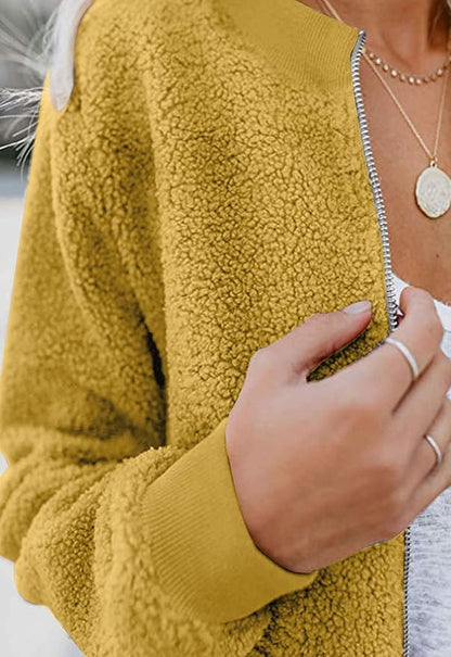 MIROL Women's Fall Trendy Fleece Jacket Faux Sherpa Fuzzy Casual Long Sleeve Zip Up Loose Fit Bomber Winter Coat