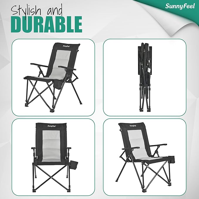 SUNNYFEEL Ergonomic High Back Camp Chair - 500lbs Heavy Duty Folding Chair, UV-Resistant Portable Camp Chair with Hard Armrests, Cup Holder＆ Bag for Outdoor, Basebal, Travel, Sports, Hiking, Fishing