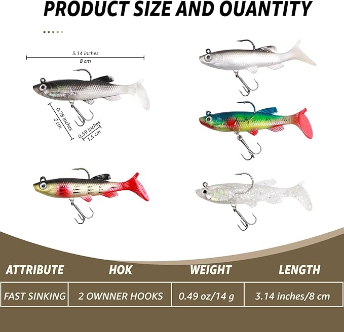 Inmorven Soft Fishing Lures Shad Minnow Swimbaits, Pre-Rigged Jig Head Paddle Tail Swimbaits for Freshwater and Saltwater, Jigs Fishing Bait for Bass Crappie Trout Walleye, Fishing Gifts for Men