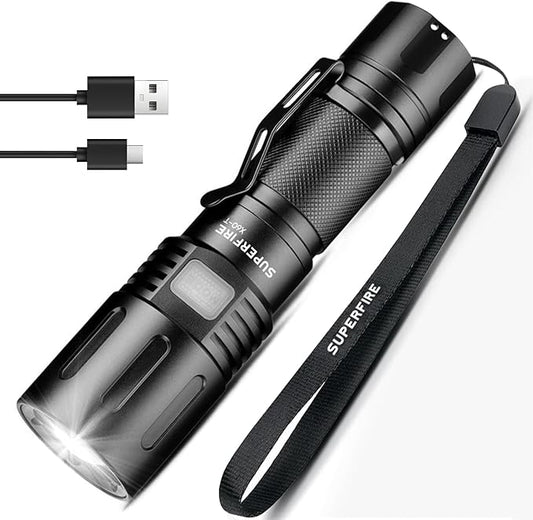 SuperFire Flashlights High Lumens Rechargeable, Powerful LED Pocket Flashlight with Clip, 2100 Lumens Waterproof Tactical Flash Light with Zoomable Focus, 5 Lighting Modes for Camping, Hiking, Working