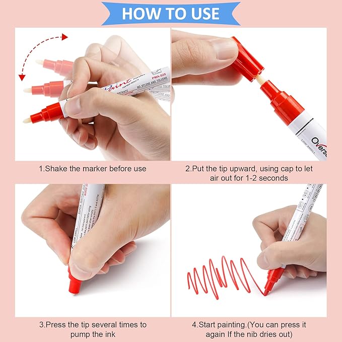 Overseas Paint Pens Paint Markers - Red Permanent Markers 8 Pack, Oil Based Waterproof Quick Dry Medium Tip Marker Pen for Metal, Wood, Fabric, Plastic, Rock, Stone, Mugs, Canvas, Glass, Art Craft
