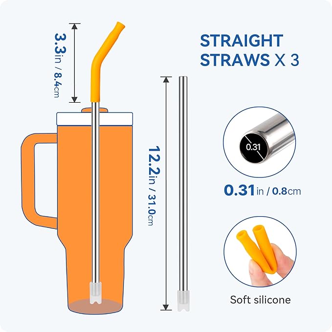 Reusable Metal Straws with Silicone Tip for Stanley 40oz,Stainless Steel Drinking Straws for 40oz Tumbler,3 Straight Tubes & 6 Tips& 1 Cleanr Brush(Chili)