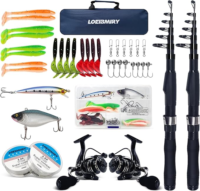 Fishing Rod Reel Combos, 2PCS 2.1m/6.89ft Collapsible Fishing Rods + 2PCS Spinning Reels + Fishing Lines Fishing Lures Carrier Bag, Telescopic Fishing Pole Set Sea Saltwater Freshwater Kit